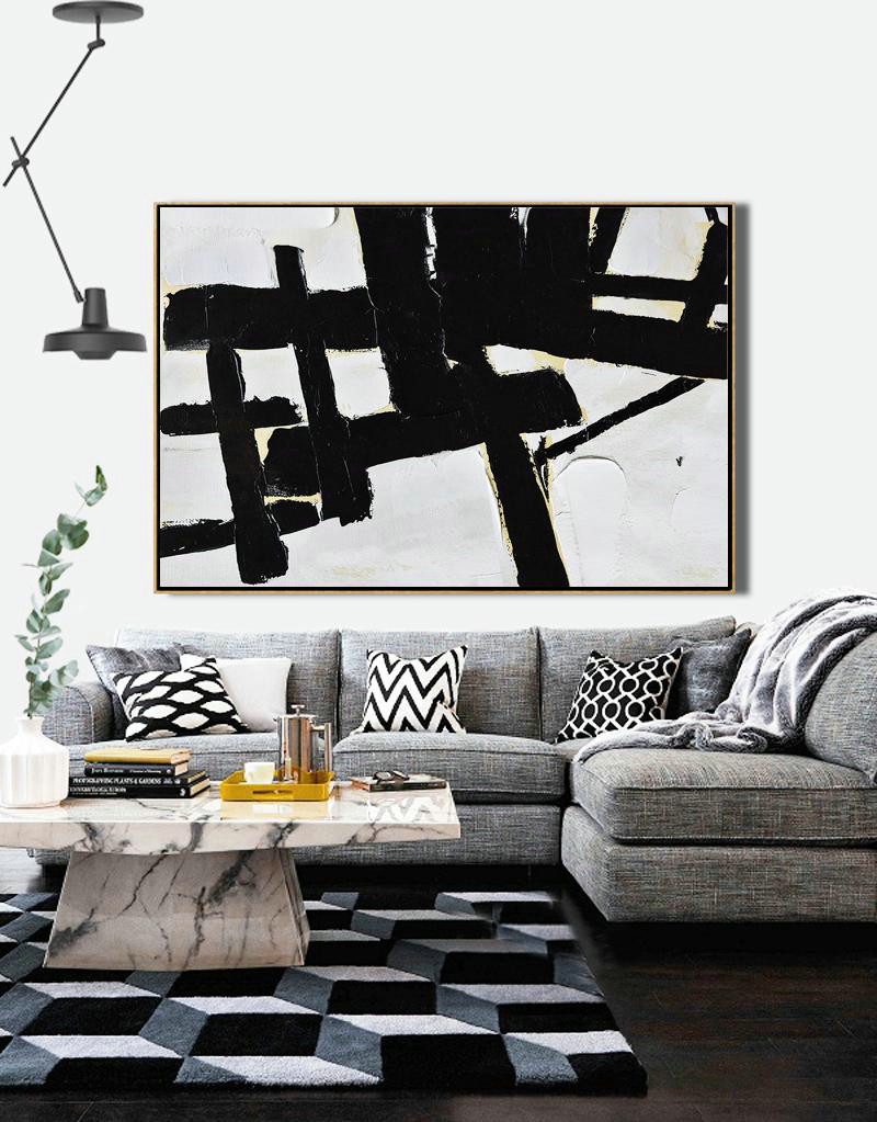 Acrylic Painting On Canvas,Horizontal Palette Knife Minimal Canvas Art Painting Black White Beige - Original Art Acrylic Painting